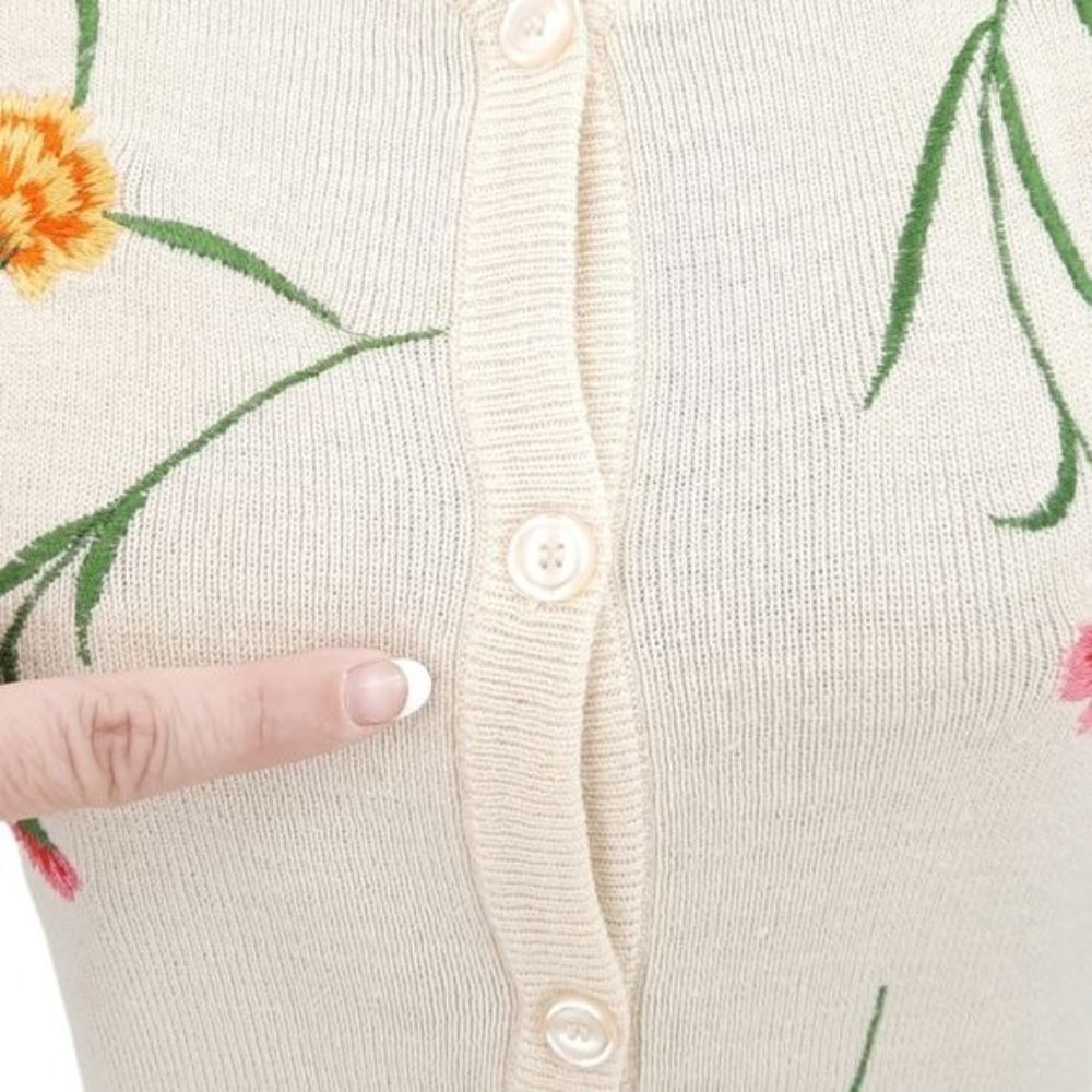 VTG 70s Leroy Ivory Floral Embroidered Sleeveless Button Front Sweater Vest M - Picture 3 of 11